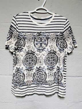 Tory Burch Pima Cotton Tee Size M Logo Stripe Lightweight